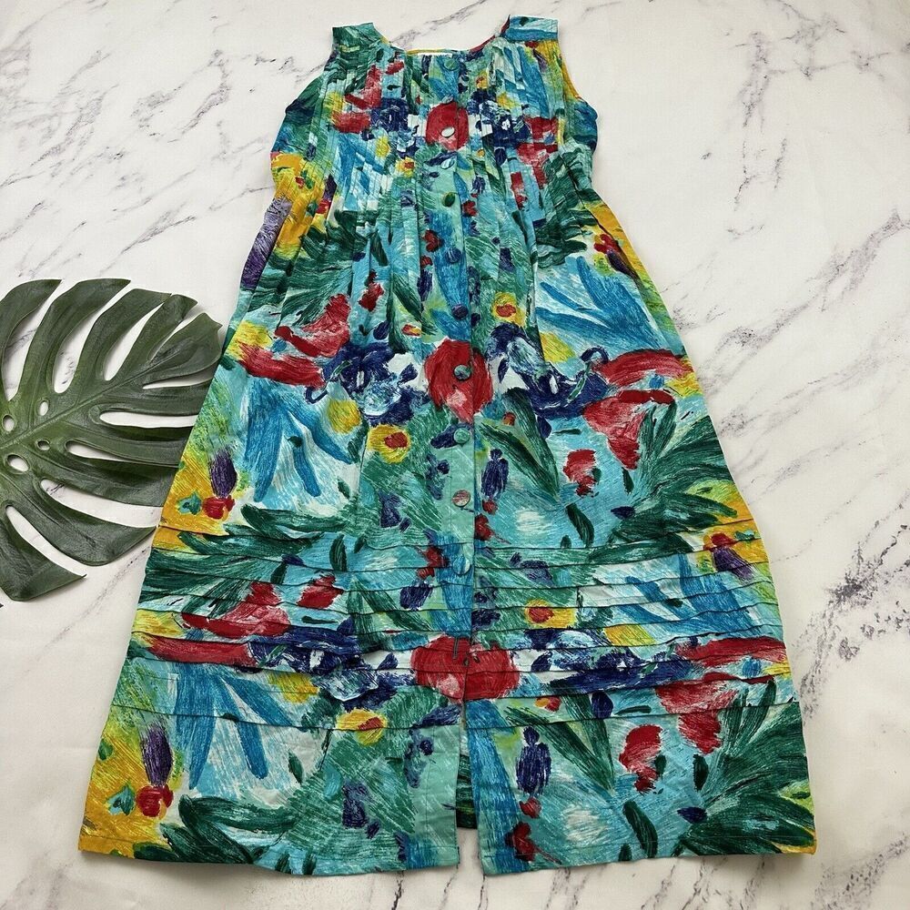 Sante Womens Vintage Midi Dress Size S Blue Yellow Watercolor Pleats Pockets